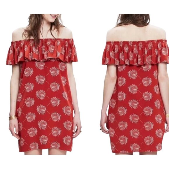 Madewell Red Off-Shoulder Palmflower Pattern Dress Size S 100% Silk - Picture 3 of 9